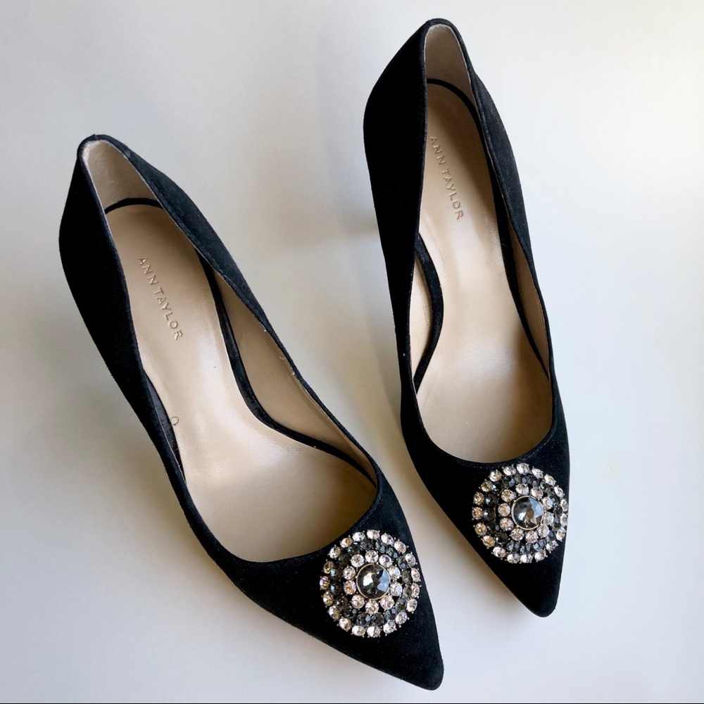 Ann Taylor Rhinestone Gem Black Suede Heels